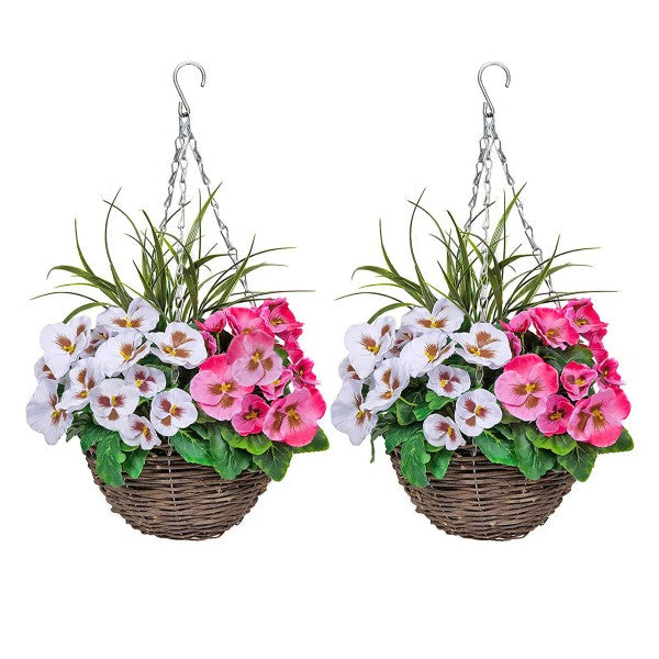 Artificial Pink & White Pansy Round Rattan Hanging Basket (Set of 2) - A1007