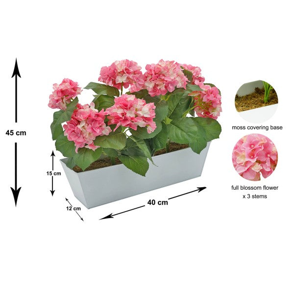 Artificial Pink Hydrangea in White Metal Window Box -A1384