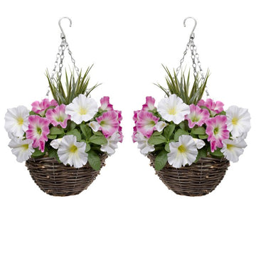 Artificial Pink &amp; White Round Rattan Petunia Hanging Baskets  (Set of 2) - A1184