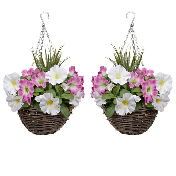 Artificial Pink &amp; White Round Rattan Petunia Hanging Baskets  (Set of 2) - A1184