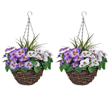 Artificial Purple & White Pansy Round Rattan Hanging Baskets (Set of 2) A1013