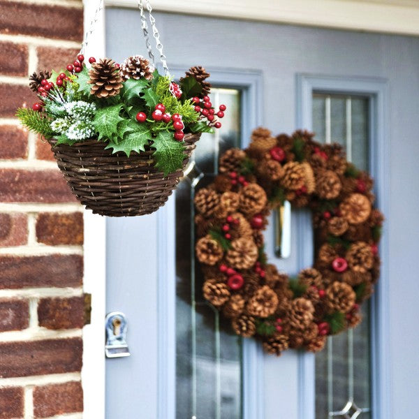 Artificial Christmas Rattan Hanging Basket with Lightly Frosted Pinecone, Berries &amp; Holly &amp; Conifer Greenery 