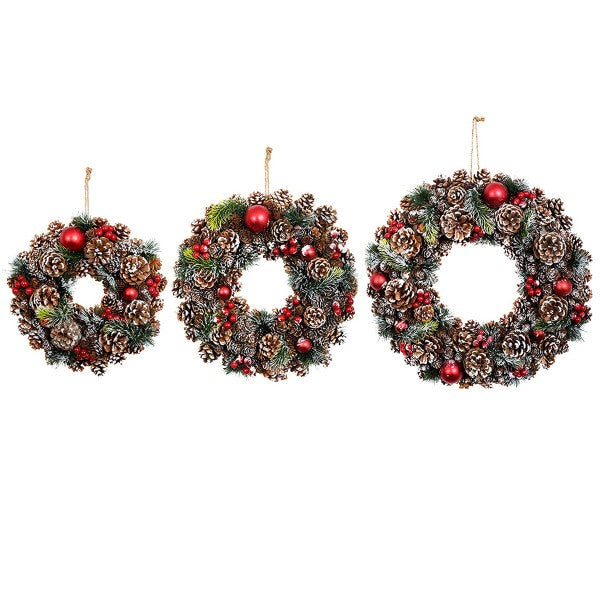 GreenBrokers Christmas Hanging Wreath 32cm Pine Cones with White Frosting D1221