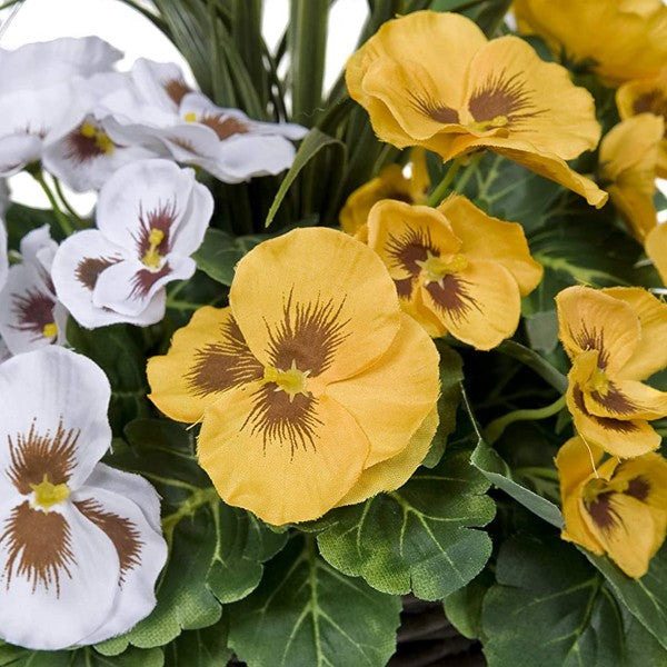 Artificial Yellow &amp; White Pansy Cone Shaped Rattan Hanging Basket (Set of 2)