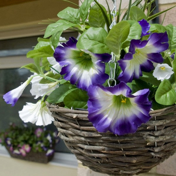 Artificial Dark Purple &amp; White Round Rattan Petunia Hanging Baskets (Set of 2) - A1183
