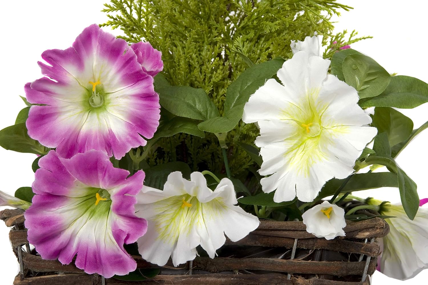 Artificial Rattan Patio Planters with Pink & White Petunias & Cedar Topiary (Set of 2) - A1192