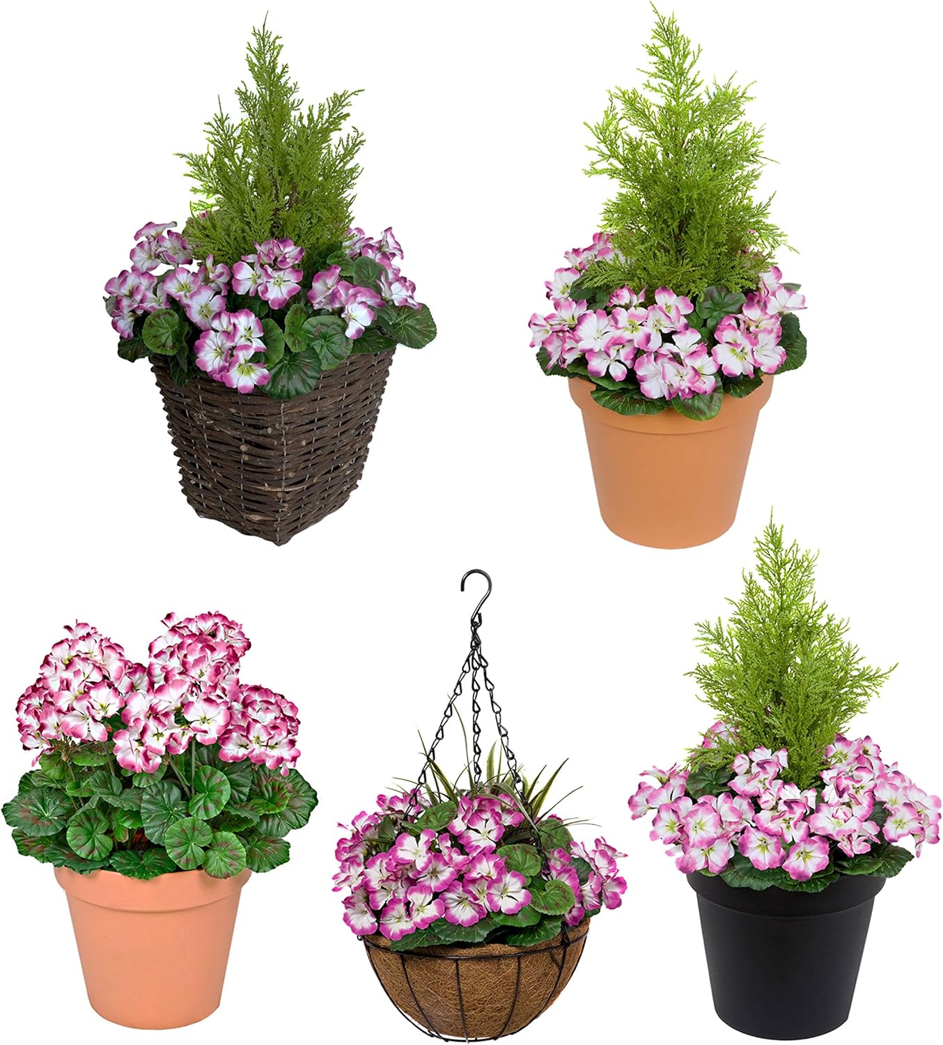 Purple & White Geranium Terracotta Plastic Patio Planter 50cm/20in - A1086