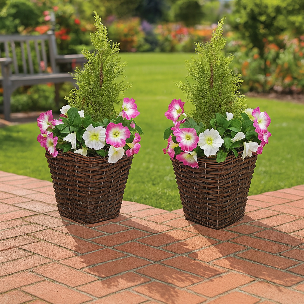 Artificial Rattan Patio Planters with Pink & White Petunias & Cedar Topiary (Set of 2) - A1192