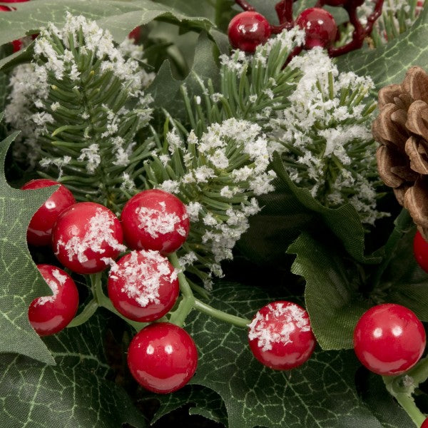 Artificial Christmas Rattan Hanging Basket with Lightly Frosted Pinecone, Berries &amp; Holly &amp; Conifer Greenery 