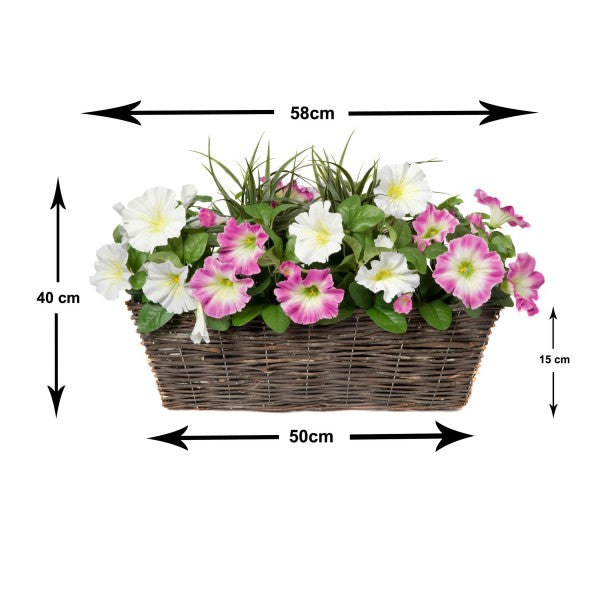 Artificial Pink &amp; White Petunia Rattan Window Box 58cm/23in - A1196