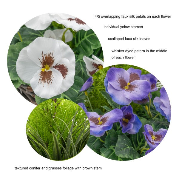 Artificial Purple & White Pansy Black Patio Planter 60cm/24in - A1078