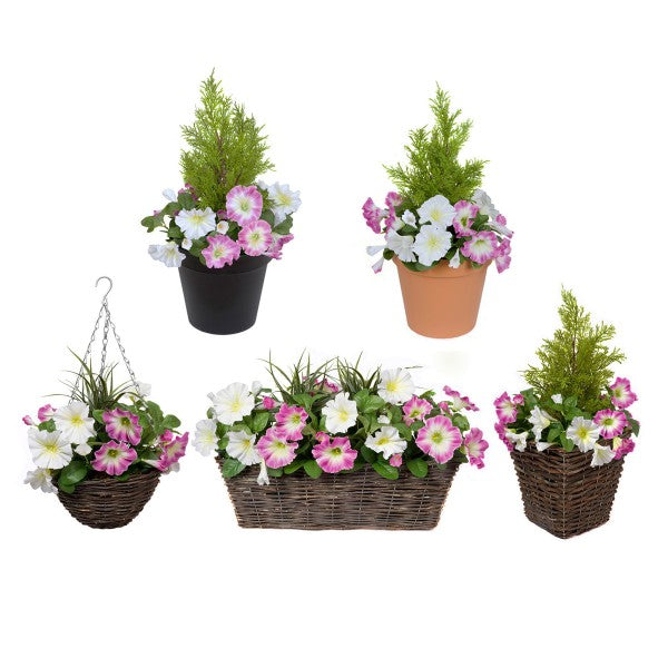 Artificial Pink &amp; White Petunia Black Patio Planter 60cm/24in - A1242