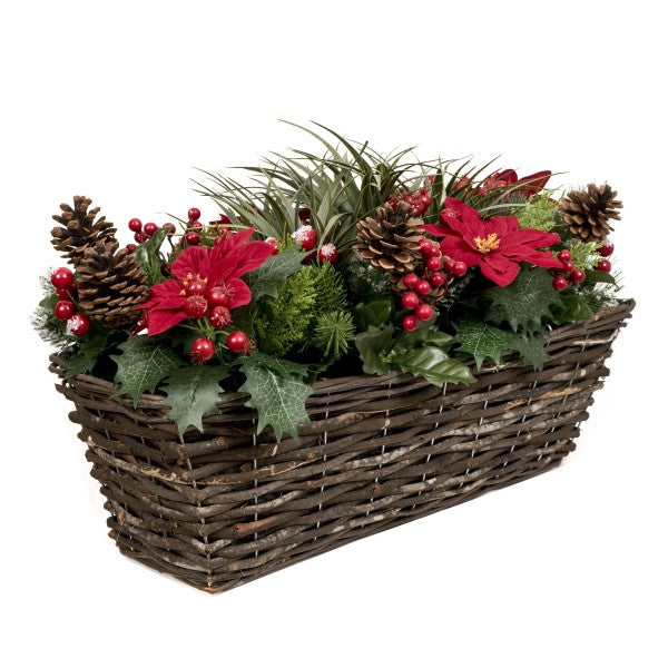 Artificial Christmas Window Box with Poinsettia Pinecones Berries &amp; Conifer &amp; Pine Greenery 