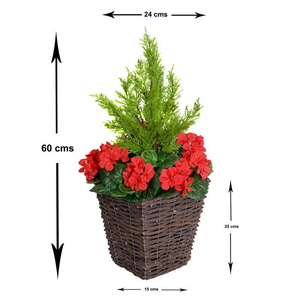 Artificial Red Geranium Rattan Patio Planters (Set of 2) 60cm/24in - A1256