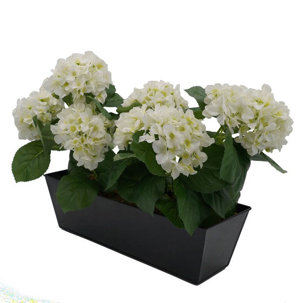 Artificial White Hydrangea in Black Metal Window Box - A1321
