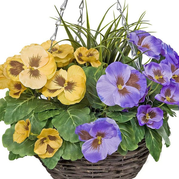 Artificial Purple & Yellow Pansy Round Rattan Hanging Basket (Set of 2) - A1010