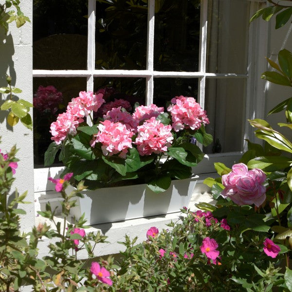 Artificial Pink Hydrangea in White Metal Window Box -A1384