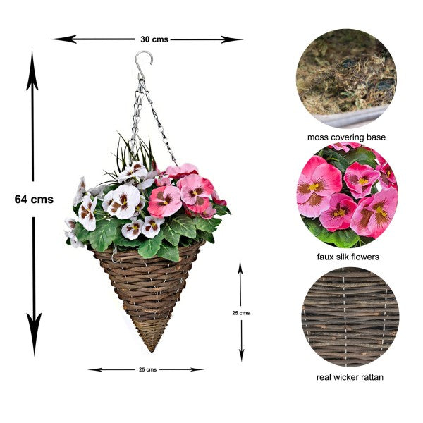  Artificial Pink & White Pansy Cone Shaped Rattan Hanging Basket (Set of 2) - A1012