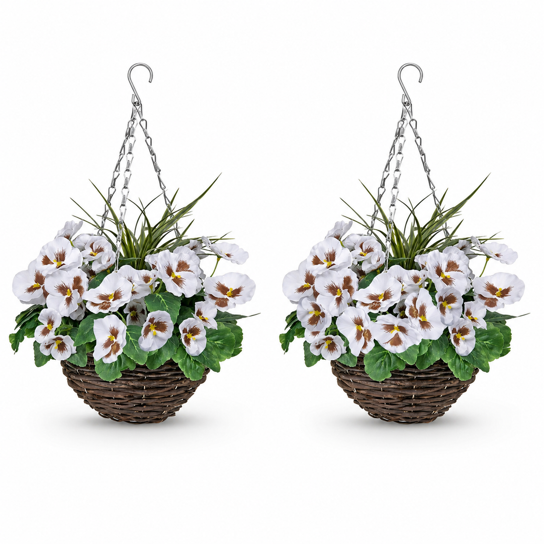 White Pansy Round Rattan Hanging Basket (Set of 2) 25cm - A1005