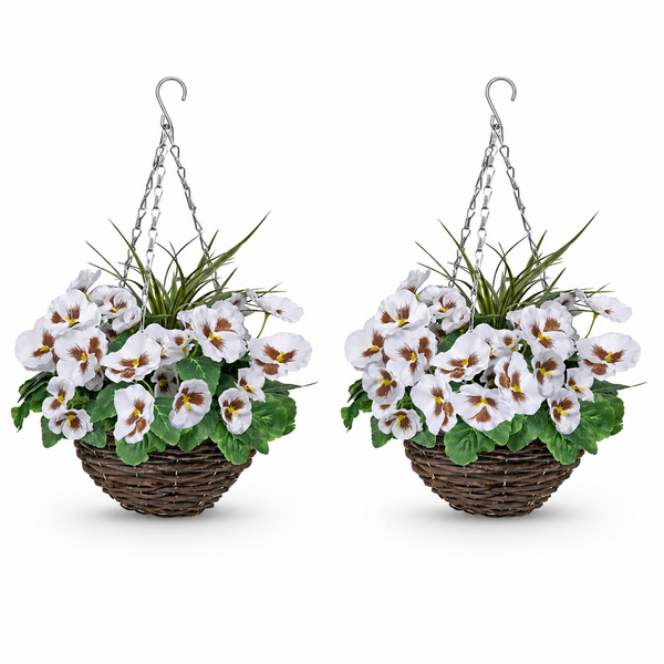 White Pansy Round Rattan Hanging Basket (Set of 2) 25cm - A1005