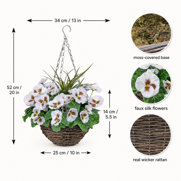 White Pansy Round Rattan Hanging Basket (Set of 2) 25cm - A1005