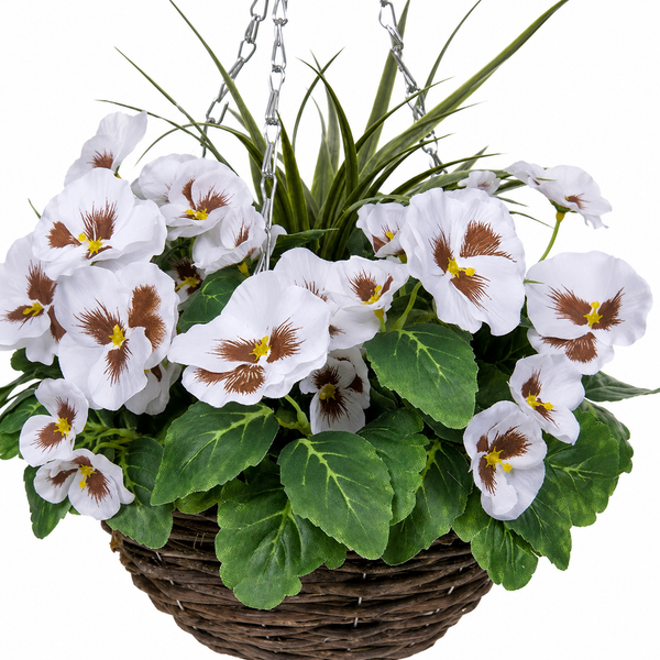 White Pansy Round Rattan Hanging Basket (Set of 2) 25cm - A1005