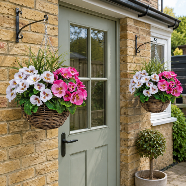 Pink & White Pansy Round Rattan Hanging Basket (Set of 2) 25cm - A1007