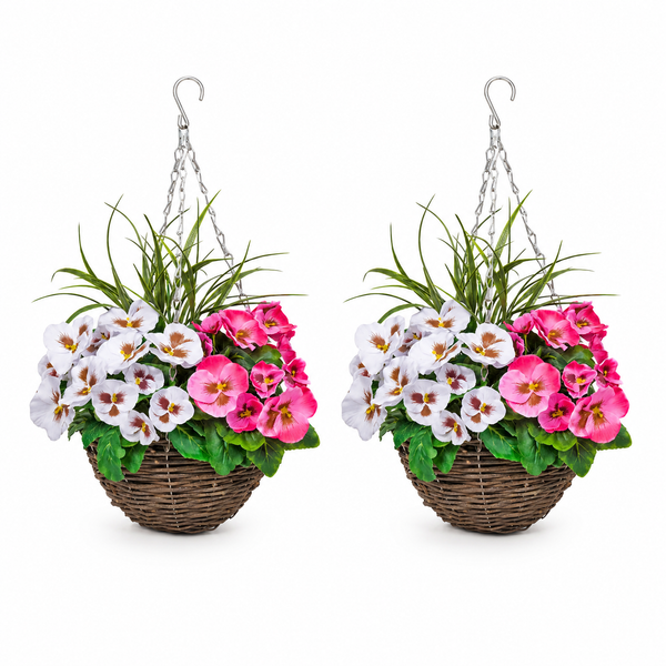 Pink & White Pansy Round Rattan Hanging Basket (Set of 2) 25cm - A1007