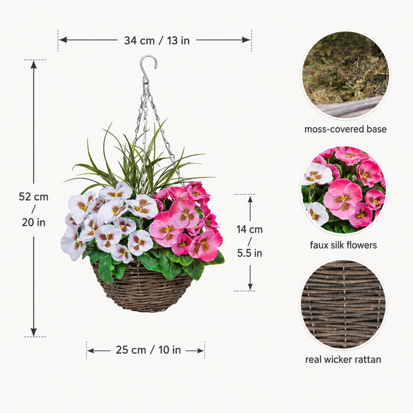 Pink & White Pansy Round Rattan Hanging Basket (Set of 2) 25cm - A1007