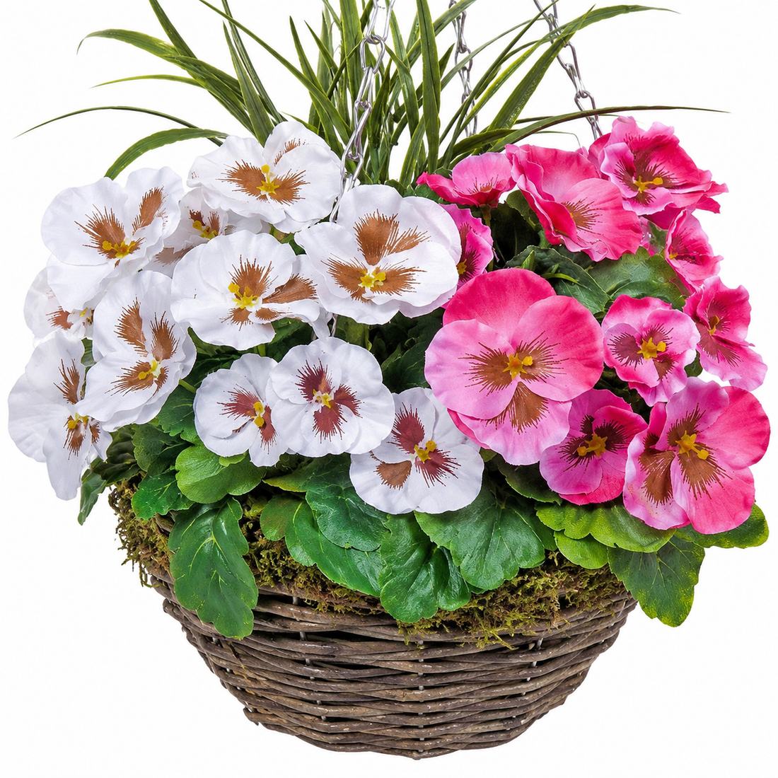 Pink & White Pansy Round Rattan Hanging Basket (Set of 2) 25cm - A1007