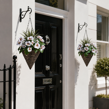 White Pansy Cone Shaped Rattan Hanging Basket (Set of 2) 25cm - A1008