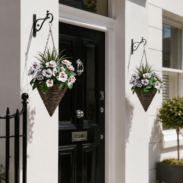 White Pansy Cone Shaped Rattan Hanging Basket (Set of 2) 25cm - A1008