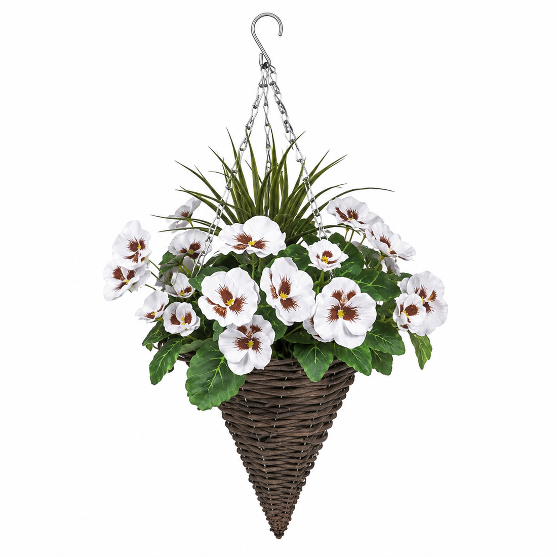 White Pansy Cone Shaped Rattan Hanging Basket (Set of 2) 25cm - A1008