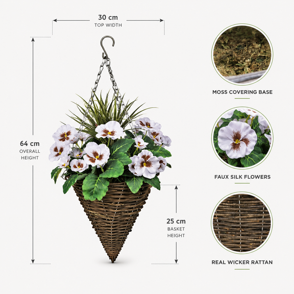 White Pansy Cone Shaped Rattan Hanging Basket (Set of 2) 25cm - A1008