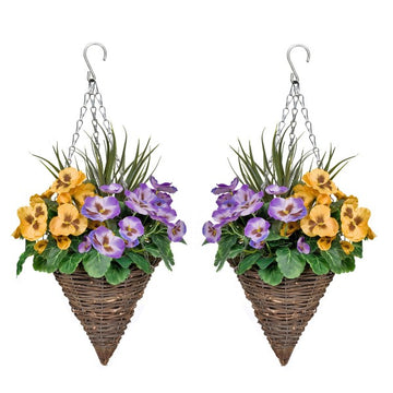 Purple & Yellow Pansy Cone Shaped Rattan Hanging Basket (Set of 2) 25cm - A1009