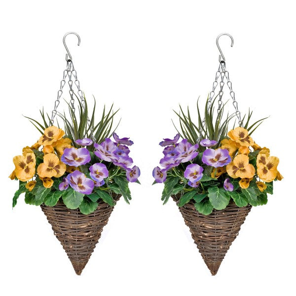 Purple & Yellow Pansy Cone Shaped Rattan Hanging Basket (Set of 2) 25cm - A1009