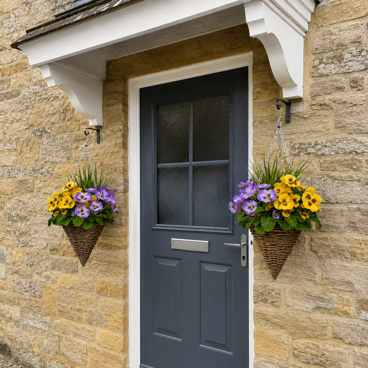 Purple & Yellow Pansy Cone Shaped Rattan Hanging Basket (Set of 2) 25cm - A1009
