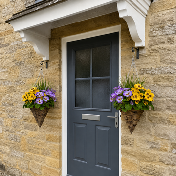 Purple & Yellow Pansy Cone Shaped Rattan Hanging Basket (Set of 2) 25cm - A1009