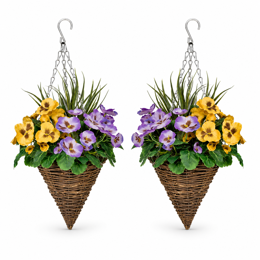 Purple & Yellow Pansy Cone Shaped Rattan Hanging Basket (Set of 2) 25cm - A1009