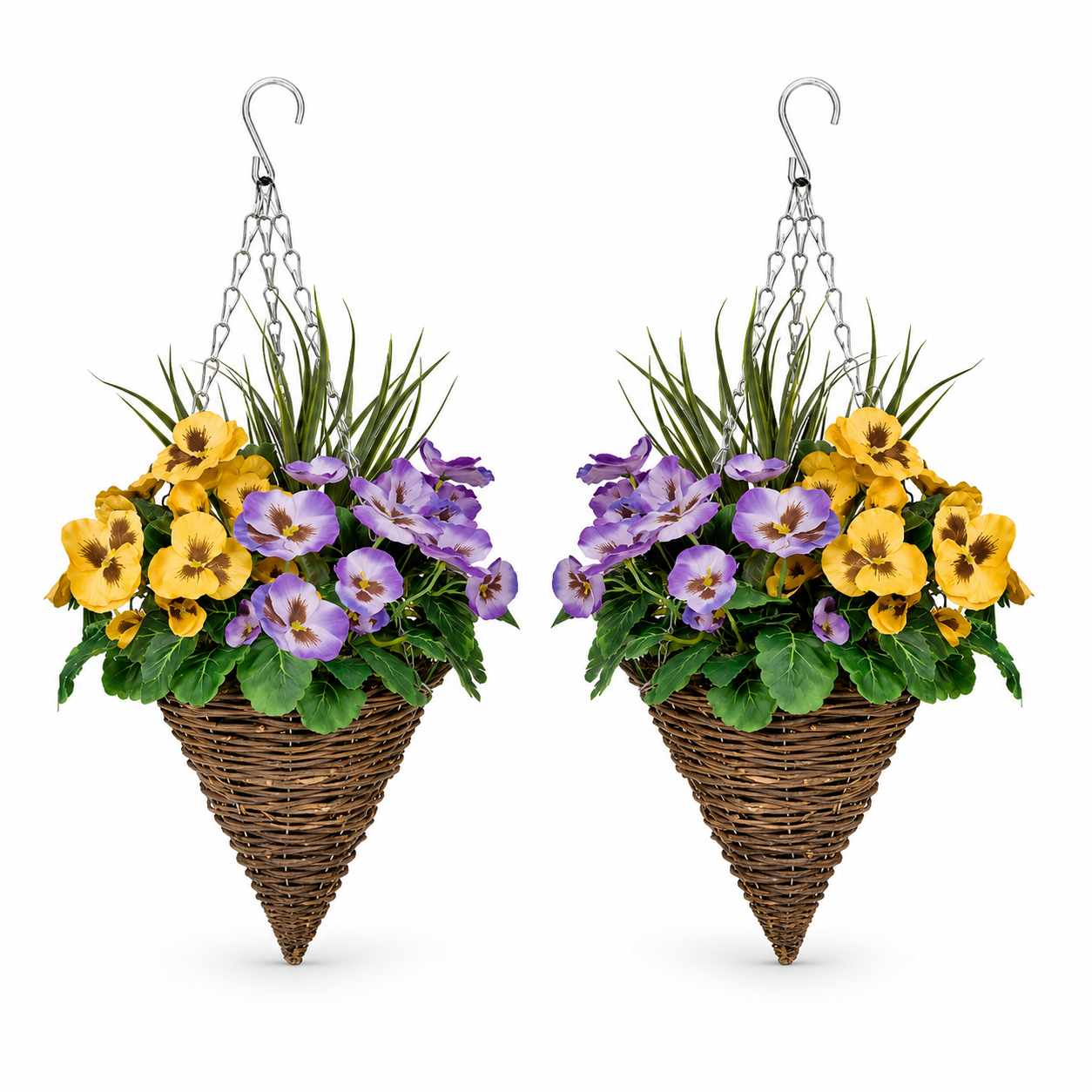Purple & Yellow Pansy Cone Shaped Rattan Hanging Basket (Set of 2) 25cm - A1009