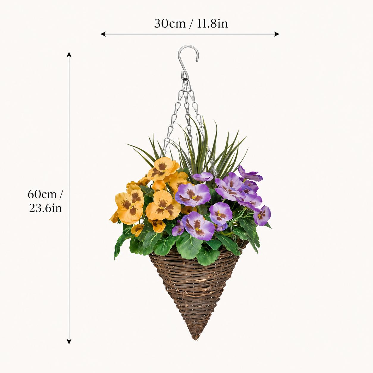 Purple & Yellow Pansy Cone Shaped Rattan Hanging Basket (Set of 2) 25cm - A1009
