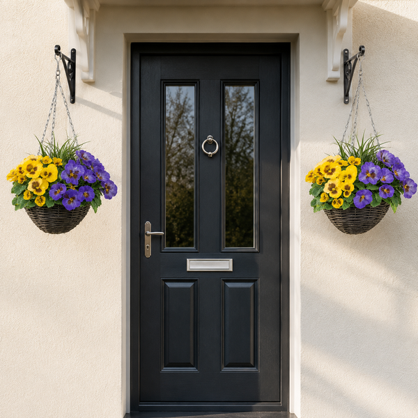 Purple & Yellow Pansy Round Rattan Hanging Basket (Set of 2) 25cm - A1010