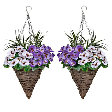 Purple & White Pansy Cone Shaped Rattan Hanging Basket (Set of 2) 25cm - A1011