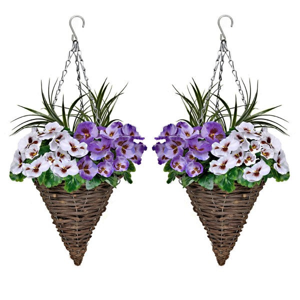 Purple & White Pansy Cone Shaped Rattan Hanging Basket (Set of 2) 25cm - A1011