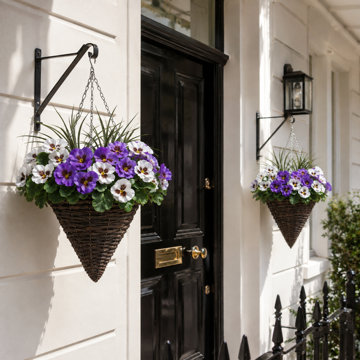 Purple & White Pansy Cone Shaped Rattan Hanging Basket (Set of 2) 25cm - A1011
