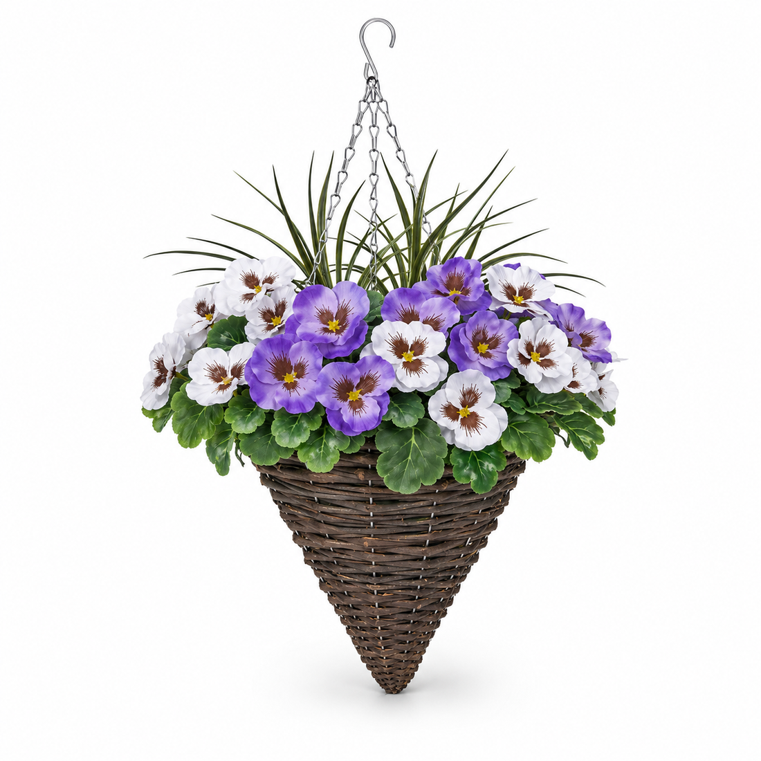 Purple & White Pansy Cone Shaped Rattan Hanging Basket (Set of 2) 25cm - A1011