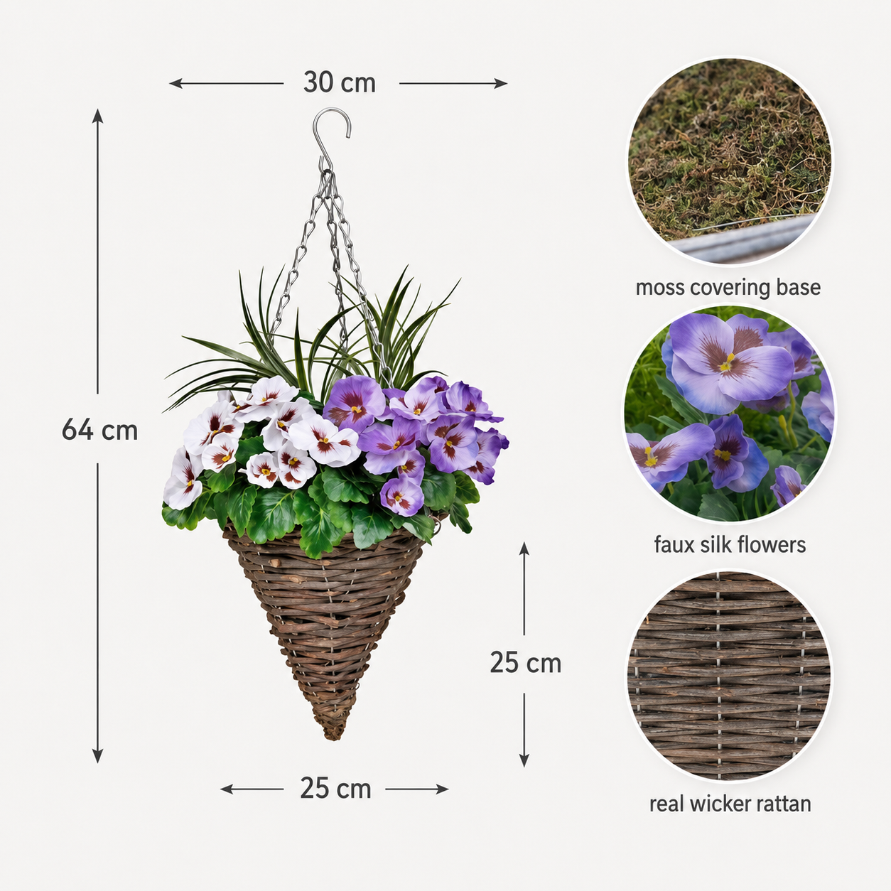 Purple & White Pansy Cone Shaped Rattan Hanging Basket (Set of 2) 25cm - A1011