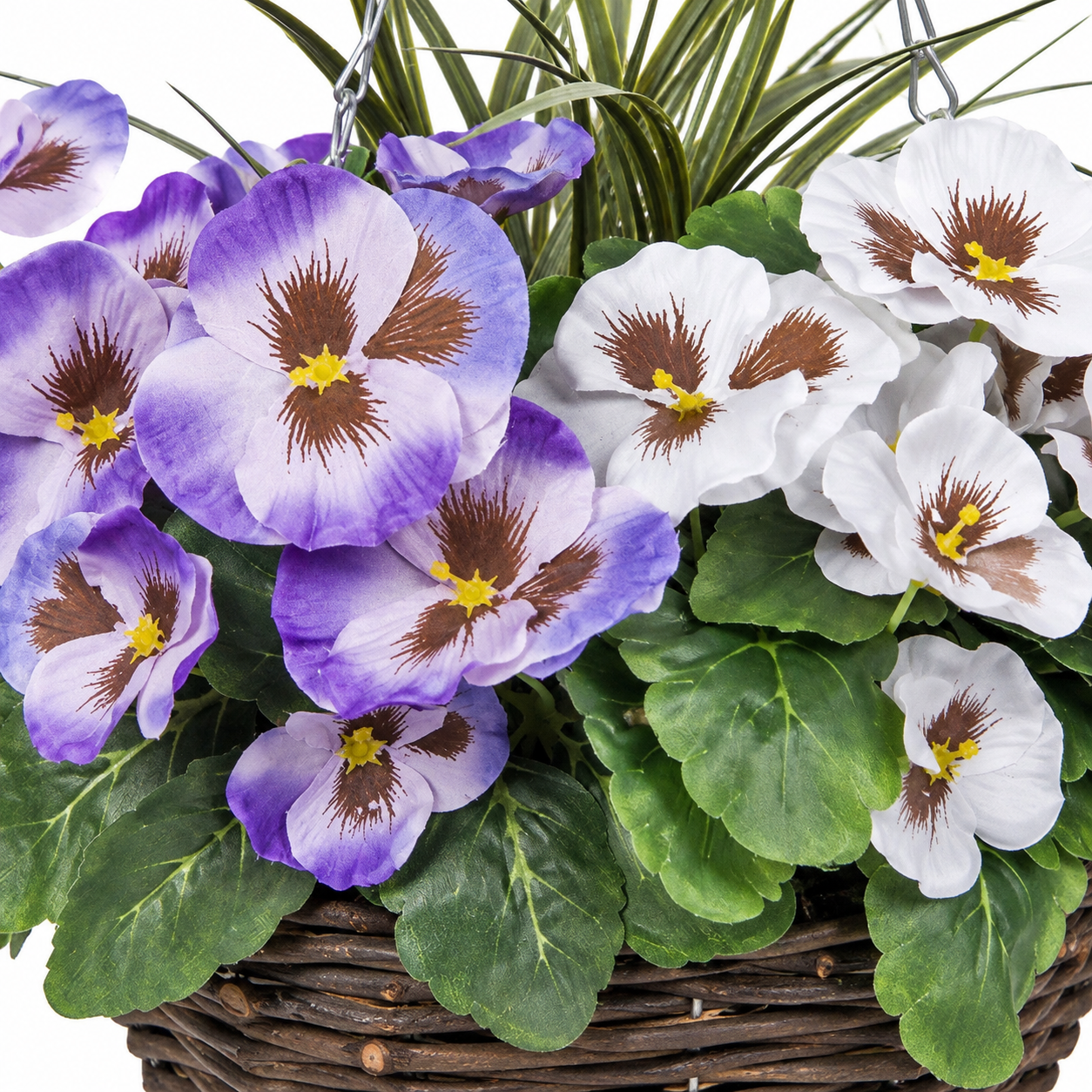 Purple & White Pansy Cone Shaped Rattan Hanging Basket (Set of 2) 25cm - A1011