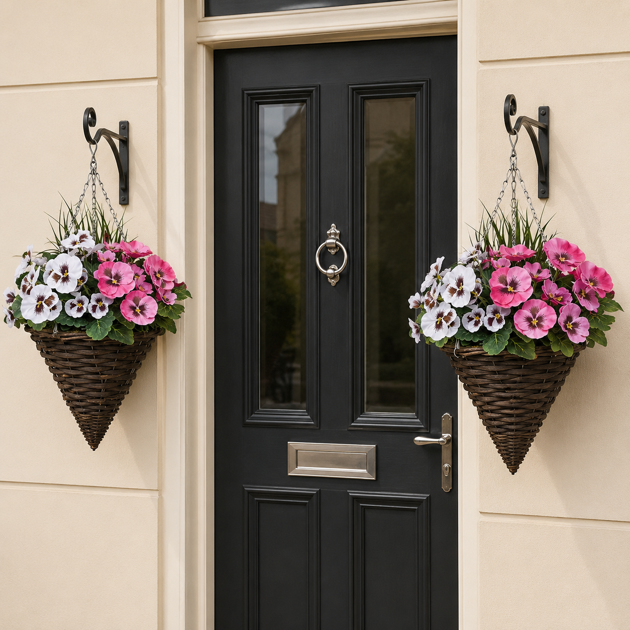 Pink & White Pansy Cone Shaped Rattan Hanging Basket (Set of 2) 25cm - A1012