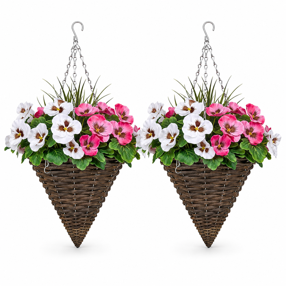 Pink & White Pansy Cone Shaped Rattan Hanging Basket (Set of 2) 25cm - A1012